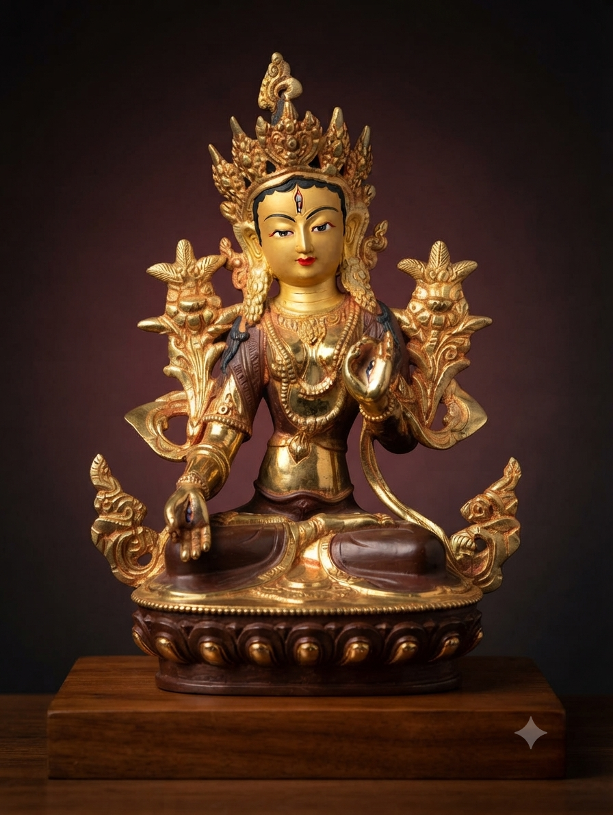 Exquisite Gilded Tara Statue with Lotus Flankers
