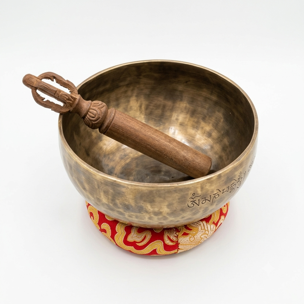 Large Handmade Himalayan Singing Bowl – Engraved Mantra, Vajra Mallet, and Cushion